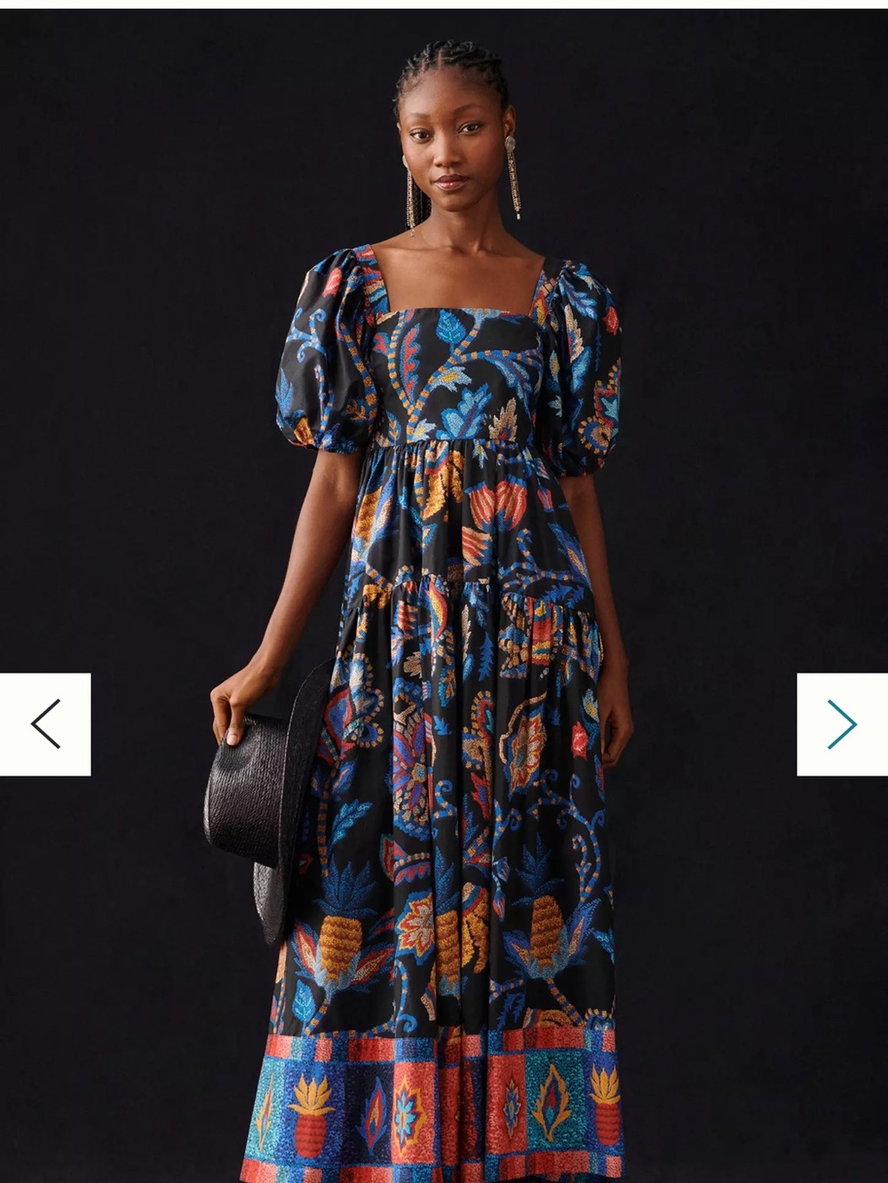 Farm Rio Square-Neck Puff-Sleeve Maxi Dress in Black Floral, XL